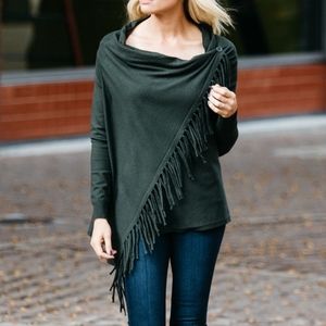 Olive Green Fringe Trim Cardigan Wrap Sweater
